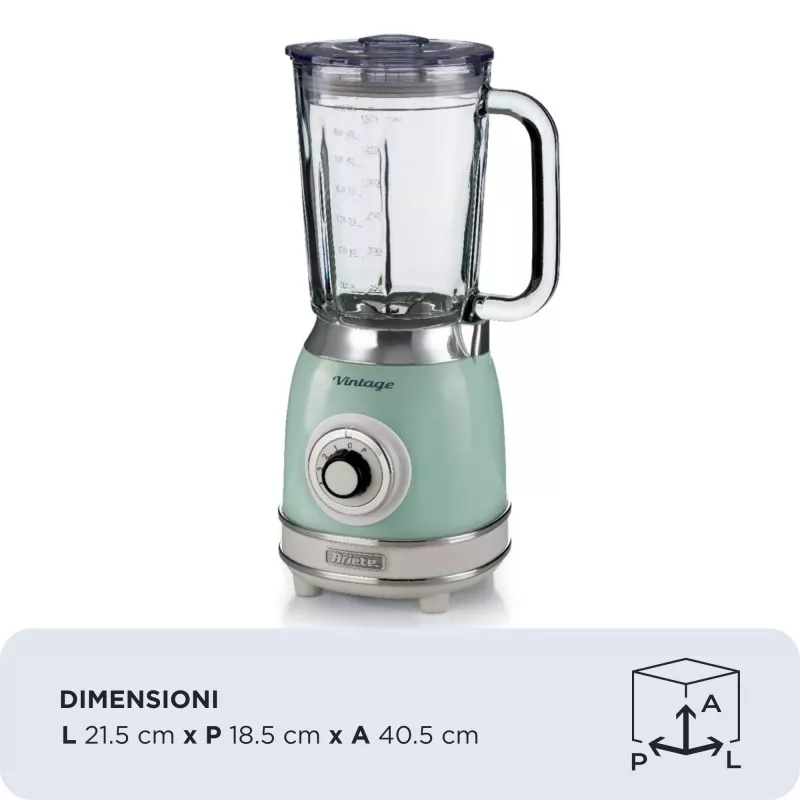 Ariete 583, batidora vintage con jarra de vidrio de 1,5 litros, 4 cuchillas de acero inoxidable, 4 velocidades + pulse, 1000 vatios, verde