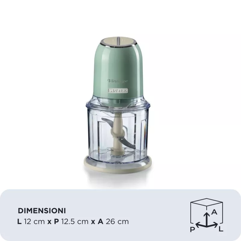 Ariete 438, picadora vintage, picadora y trituradora de hielo, 2 velocidades, 4 cuchillas de acero inoxidable, vaso medidor de 600 ml, 400 W, verde