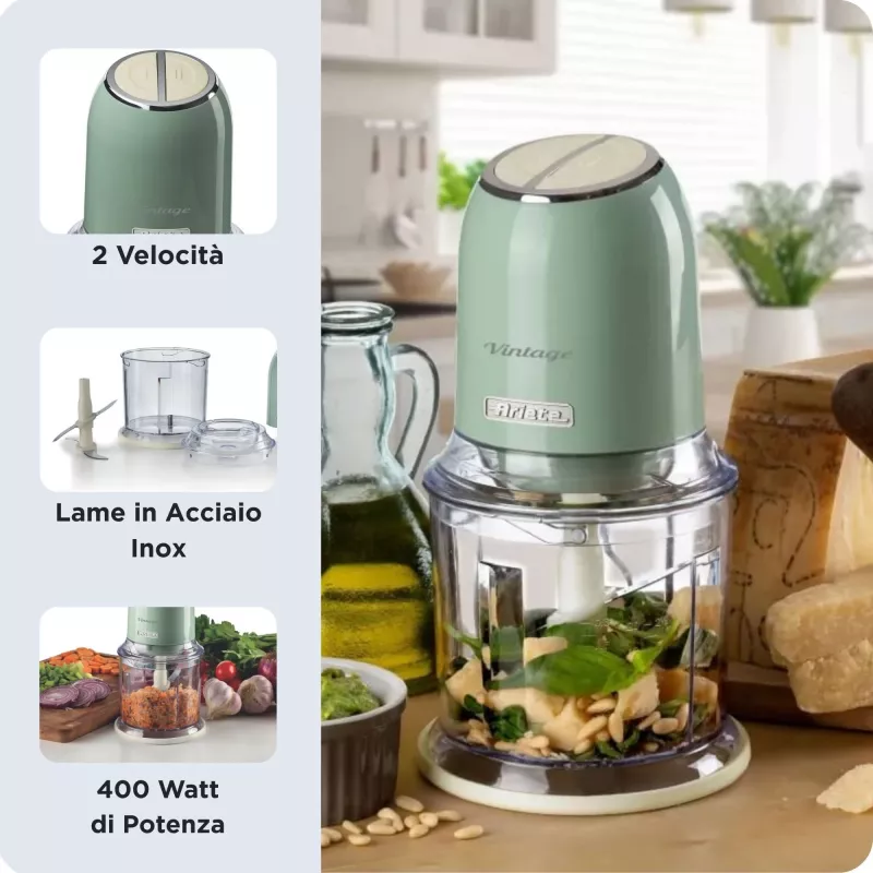 Ariete 438, picadora vintage, picadora y trituradora de hielo, 2 velocidades, 4 cuchillas de acero inoxidable, vaso medidor de 600 ml, 400 W, verde