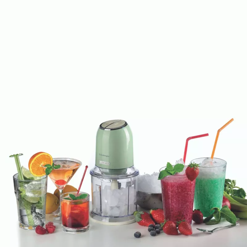 Ariete 438, picadora vintage, picadora y trituradora de hielo, 2 velocidades, 4 cuchillas de acero inoxidable, vaso medidor de 600 ml, 400 W, verde