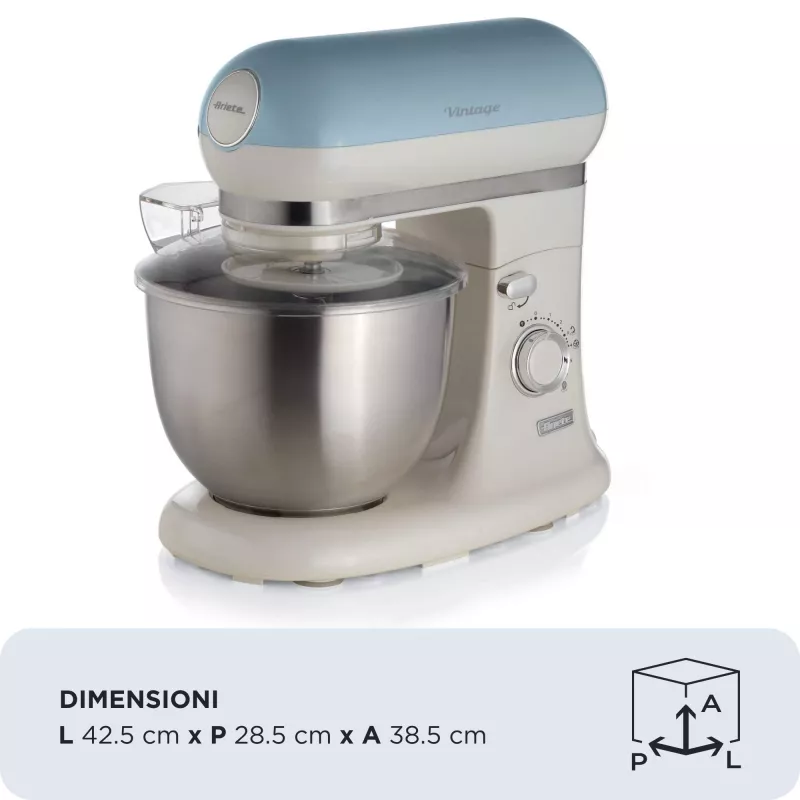 Ariete 1588 Vintage batidora amasadora, batidora planetaria para pan, pizza, tartas y bollería, capacidad 5,5 l, 7 velocidades, 2400 vatios, azul pastel