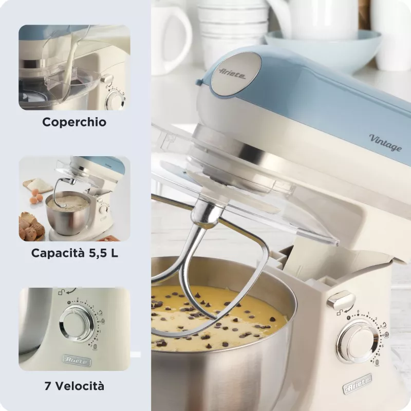Ariete 1588 Vintage batidora amasadora, batidora planetaria para pan, pizza, tartas y bollería, capacidad 5,5 l, 7 velocidades, 2400 vatios, azul pastel