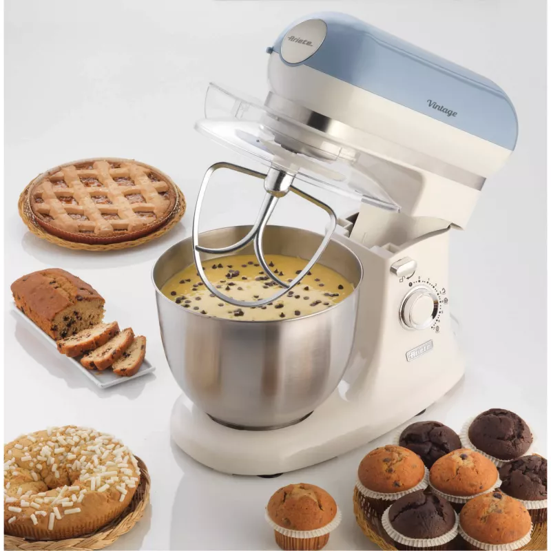 Ariete 1588 Vintage batidora amasadora, batidora planetaria para pan, pizza, tartas y bollería, capacidad 5,5 l, 7 velocidades, 2400 vatios, azul pastel