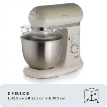 Ariete 1588 Vintage batidora amasadora, batidora planetaria para pan, pizza, tartas y bollería, capacidad 5,5 l, 7 velocidades, 2400 vatios, beige pastel