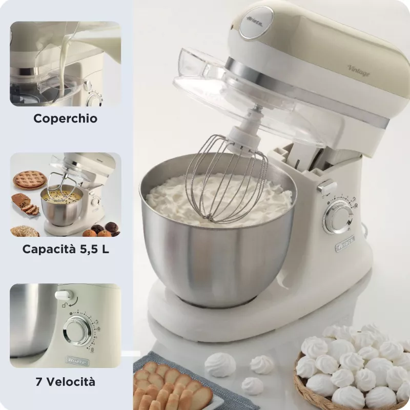 Ariete 1588 Vintage batidora amasadora, batidora planetaria para pan, pizza, tartas y bollería, capacidad 5,5 l, 7 velocidades, 2400 vatios, beige pastel
