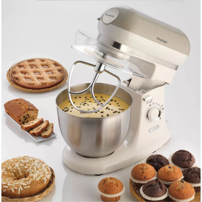 Ariete 1588 Vintage batidora amasadora, batidora planetaria para pan, pizza, tartas y bollería, capacidad 5,5 l, 7 velocidades, 2400 vatios, beige pastel