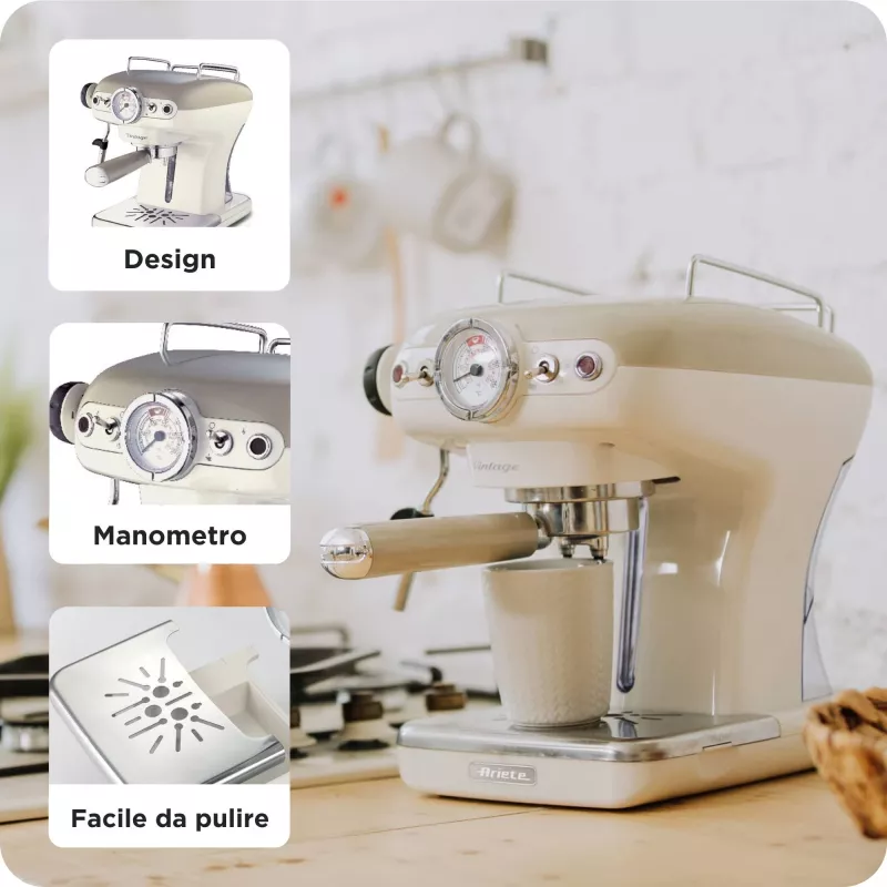 Cafetera espresso Ariete 1389 Vintage - cafetera espresso para café molido o cápsulas ESE, en color beige pastel