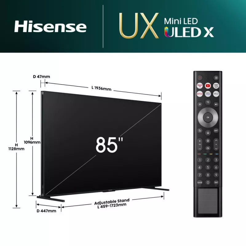 Hisense 85UXNQ televisor QLED 4K Ultra HD de 215 cm (85 pulgadas), 120 Hz, AMD FreeSync, triple sintonizador, negro