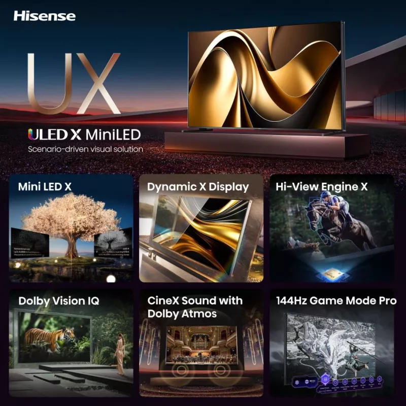 Hisense 85UXNQ televisor QLED 4K Ultra HD de 215 cm (85 pulgadas), 120 Hz, AMD FreeSync, triple sintonizador, negro