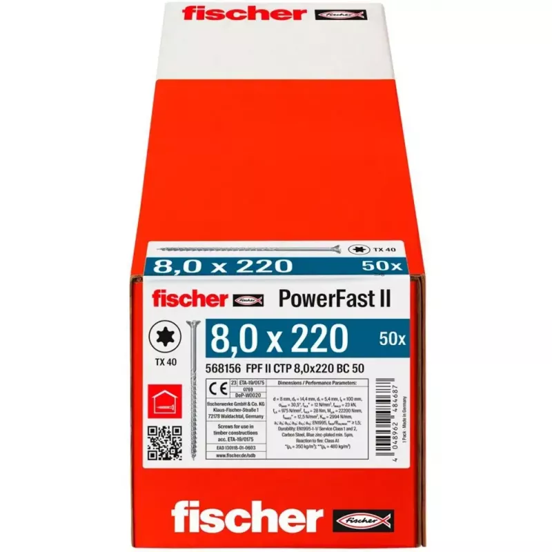 Tornillo para madera FISCHER PowerFast II 8,0 x 220 mm Cabeza avellanada TX galvanizado