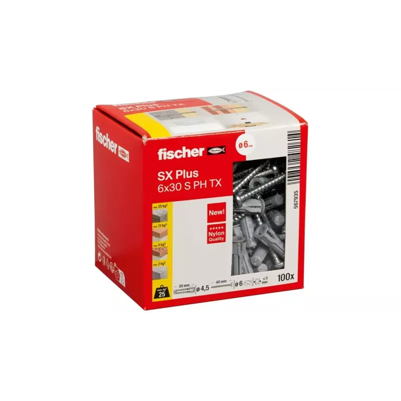 Set de tornillos y tacos Fischer 567935 100 uds. Nylon 6 mm agujero
