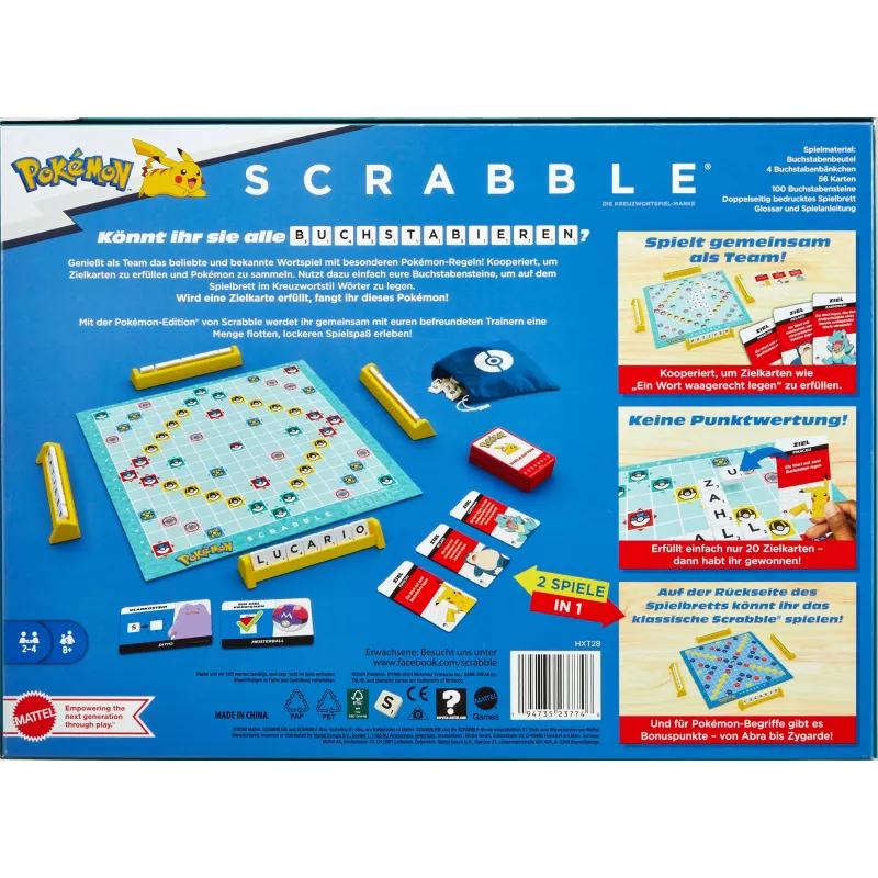 Juego Scrabble Pokémon juego de mesa, juego familiar clásico con dos variantes para 2-4 jugadores, edición alemana