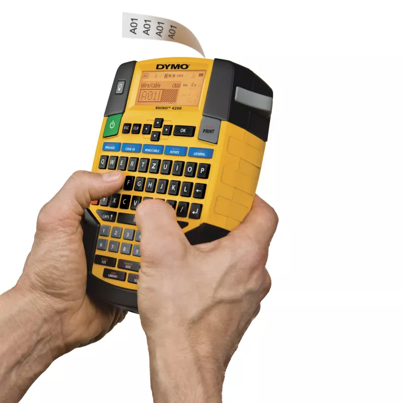 DYMO RHINO 4200 impresora de etiquetas industrial | teclado QWERTZ y teclas de acceso rápido que ahorran tiempo | impresora de etiquetas robusta para obras y trabajos de etiquetado exigentes