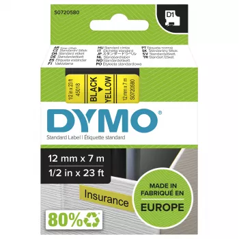Etiquetas DYMO Authentic D1 | Impresión negra sobre cinta amarilla | 12 mm x 7 m | Etiquetas autoadhesivas para impresoras de etiquetas LabelManager | Fabricadas en Europa
