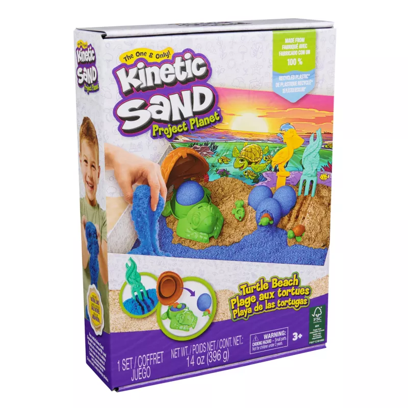 Kinetic Sand, Project Planet Turtle Beach con 397 g de arena de juego, herramientas y moldes, materiales sostenibles y respetuosos con el medio ambiente, juguete sensorial para niños