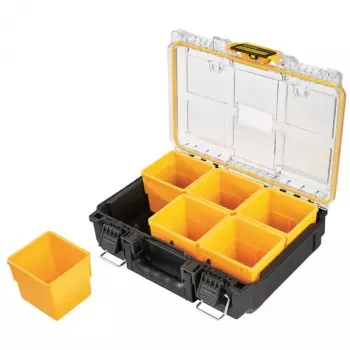 Caja de almacenamiento de herramientas DeWALT ToughSystem 2.0 negra transparente amarilla 6 bolsillos