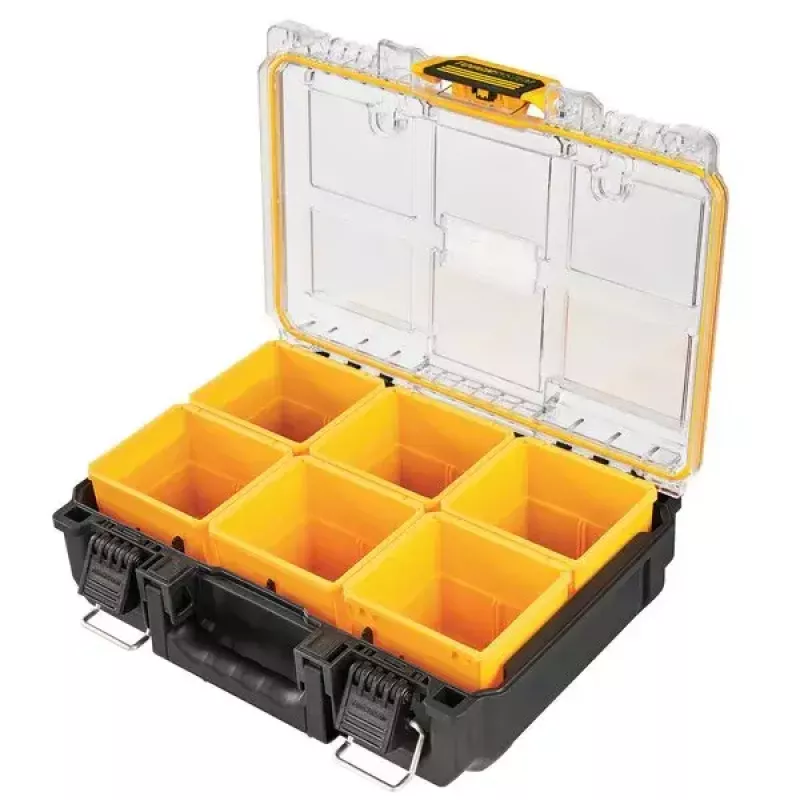 Caja de almacenamiento de herramientas DeWALT ToughSystem 2.0 negra transparente amarilla 6 bolsillos