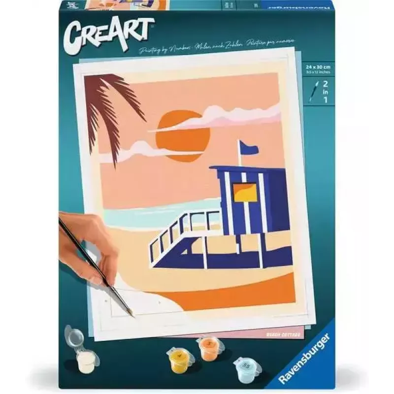 Set de pintura Ravensburger CreArt Beach - Cottage, modelo 23896, incluye lienzo y pinturas