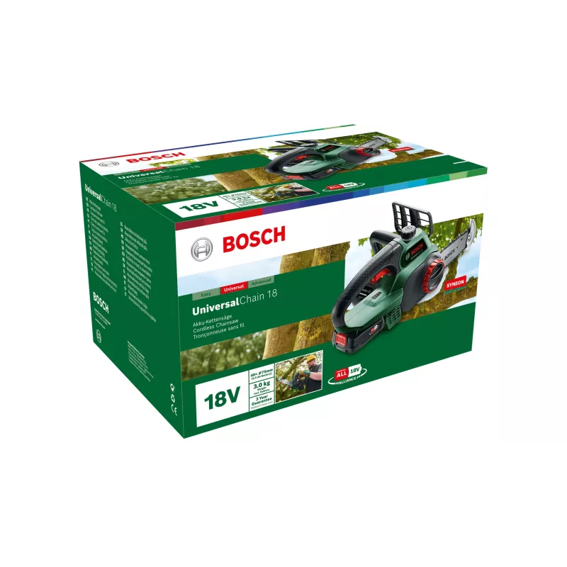 Motosierra a batería Bosch UniversalChain 18 — espada de 13,5 cm, longitud de corte 20 cm, batería de 2,5 Ah, 3 kg