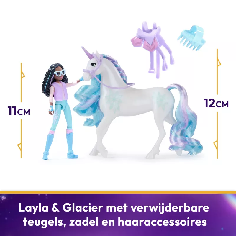 Unicorn Academy, Layla y Glacier con 2 accesorios y herramienta para el pelo, muñecas y juguete de unicornio para niñas a partir de 4 años