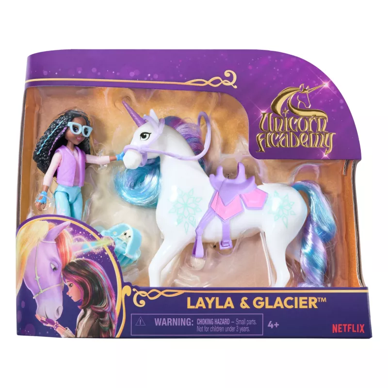 Unicorn Academy, Layla y Glacier con 2 accesorios y herramienta para el pelo, muñecas y juguete de unicornio para niñas a partir de 4 años
