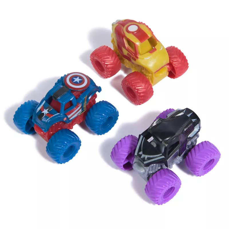 Monster Jam, Marvel Mini Monster Truck pack de 3, Pantera Negra, Capitán América, Iron Man camiones monstruo de fundición, escala 1:87, juguete para niños a partir de 3 años