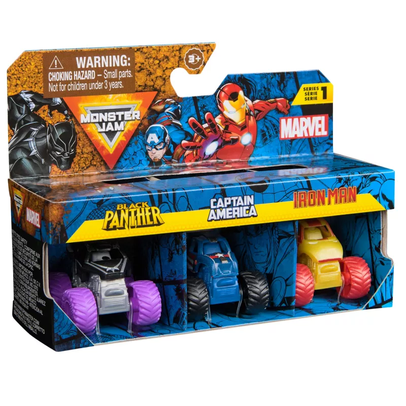 Monster Jam, Marvel Mini Monster Truck pack de 3, Pantera Negra, Capitán América, Iron Man camiones monstruo de fundición, escala 1:87, juguete para niños a partir de 3 años