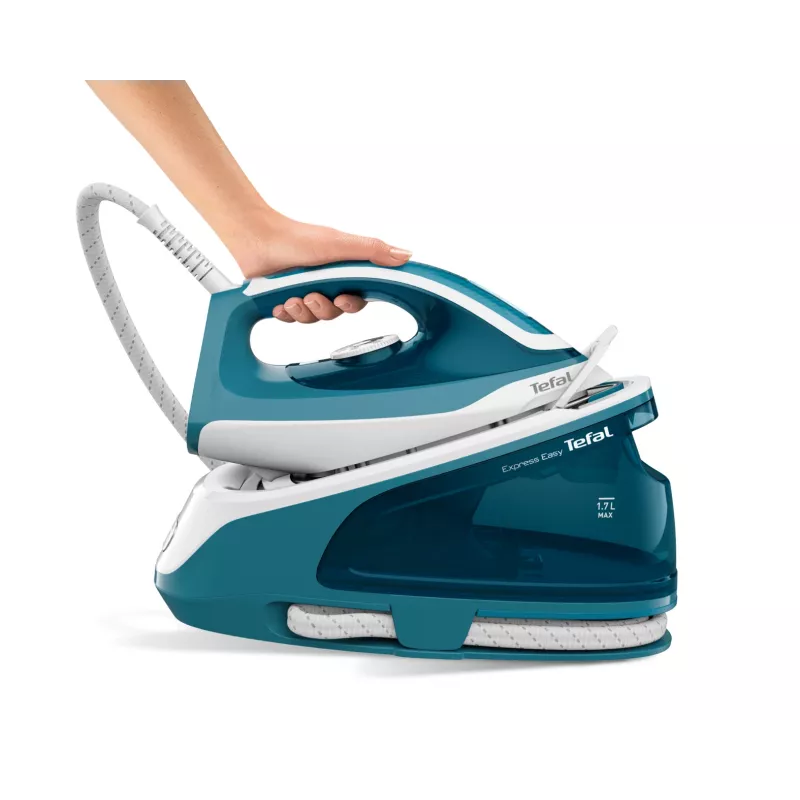 Tefal Express Easy SV6131E0 centro de planchado a vapor, 5,8 bar, 120 g/min, golpe de vapor de 350 g/min, 1,7 l, apagado automático, blanco/turquesa