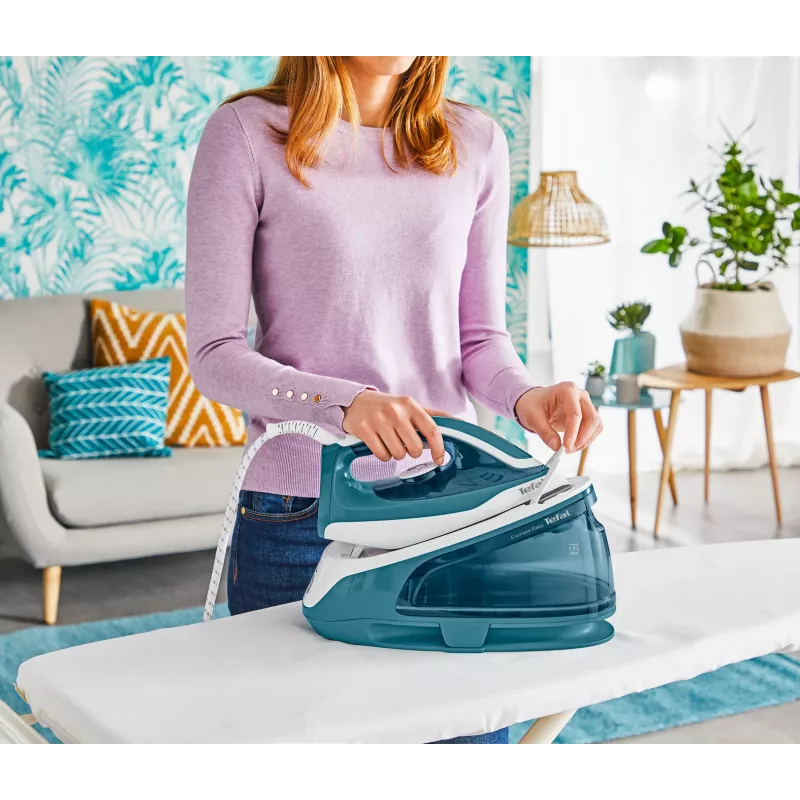 Tefal Express Easy SV6131E0 centro de planchado a vapor, 5,8 bar, 120 g/min, golpe de vapor de 350 g/min, 1,7 l, apagado automático, blanco/turquesa