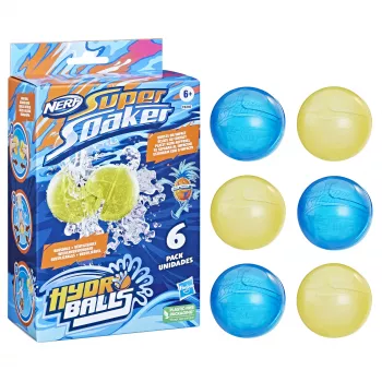 Globos de agua HASBRO Nerf Super Soaker Hydro Balls — depósito de agua incorporado, 6 uds., plástico, azul/amarillo, edad 6+