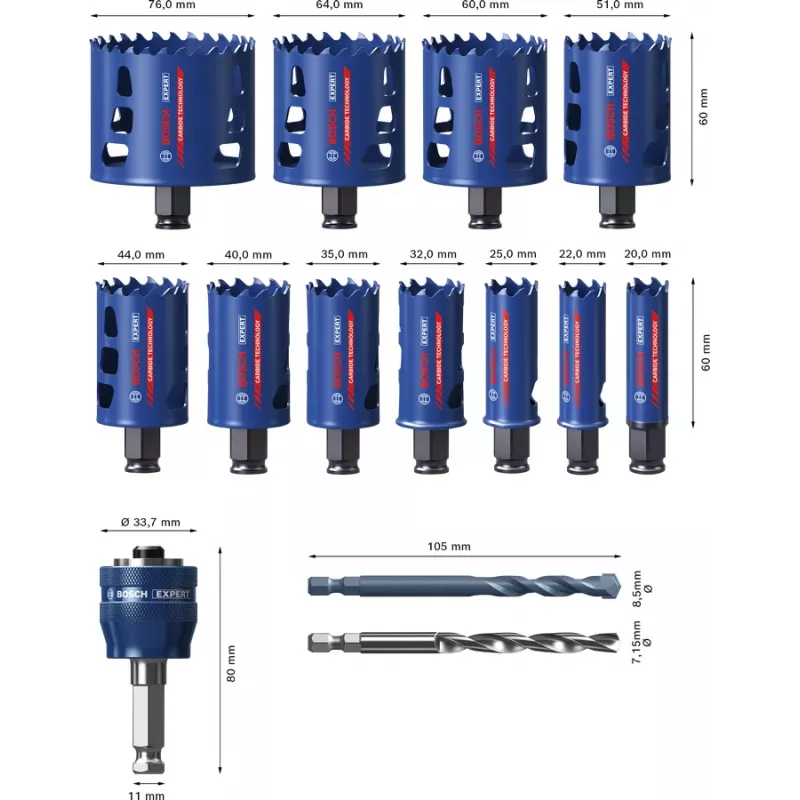 Bosch 2 608 900 447 Expert Tough Material juego de sierras de corona, 14 uds., 20–76 mm