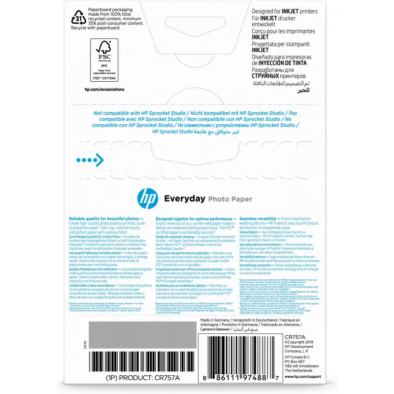 HP Papel fotográfico Everyday, brillante, 200 g/m², 10 x 15 cm (101 x 152 mm), 100 hojas