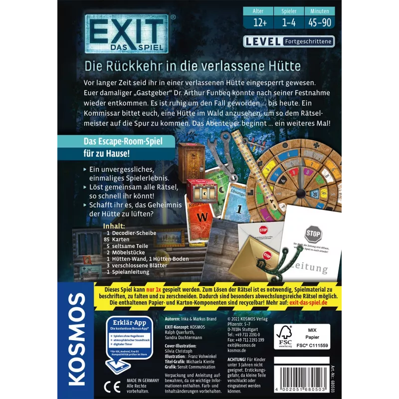 Kosmos EXIT - Die Rückkehr in die verlassene Hütte juego de mesa de escape, 1-4 jugadores, 12+ años, juego familiar