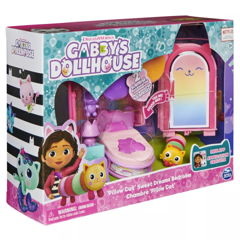 Gabby's Dollhouse, Dormitorio Dulces Sueños con figura Pillow Cat y 3 accesorios, 3 muebles y 2 entregas, juguete para niños a partir de 3 años