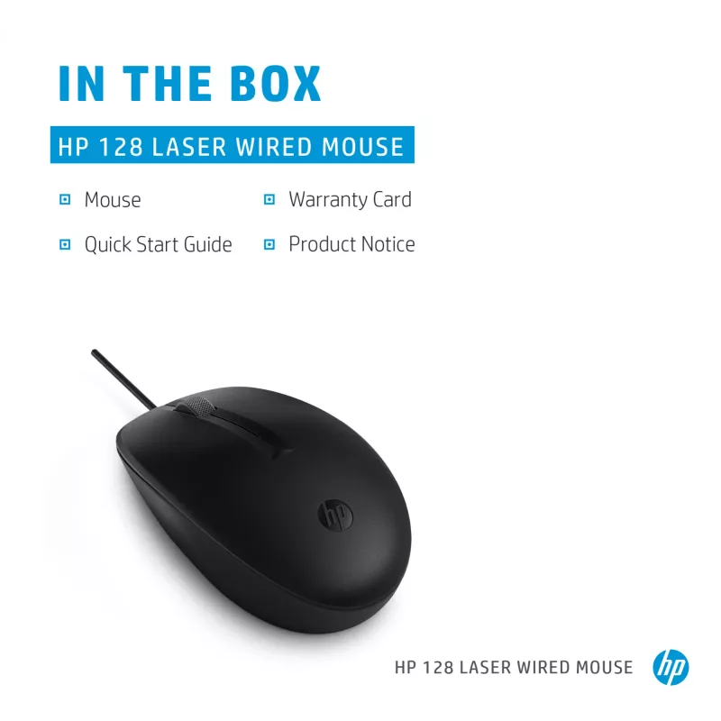 HP 128 ratón con cable, ambidiestro, láser, USB Type-A, 1200 DPI, negro
