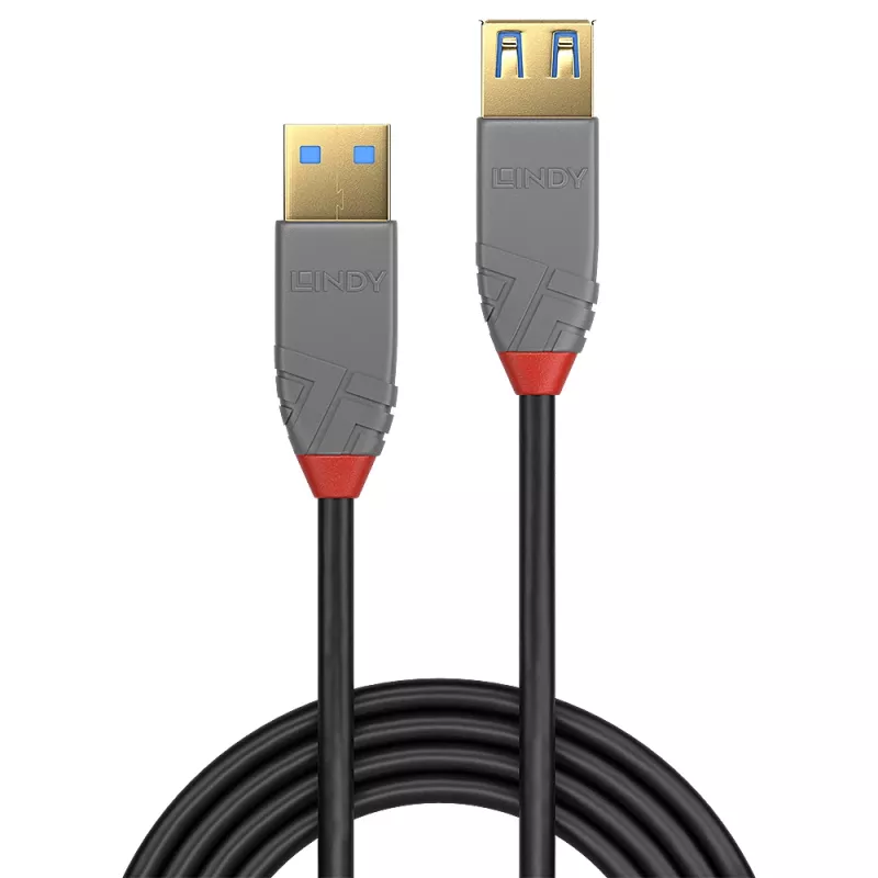 Lindy 36762 Anthra Line cable alargador USB 3.2 Gen 1 Type A, USB-A macho a USB-A hembra, 5 Gbps, 2 m, negro/gris