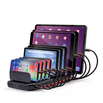 Lindy Estación de carga USB de 96W y 10 puertos, independiente, plástico, negro, contacto, compatible con todos los dispositivos USB Tipo A, fuente de alimentación
