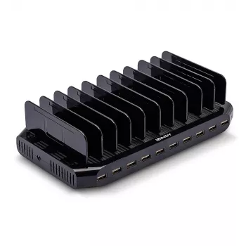 Lindy Estación de carga USB de 96W y 10 puertos, independiente, plástico, negro, contacto, compatible con todos los dispositivos USB Tipo A, fuente de alimentación