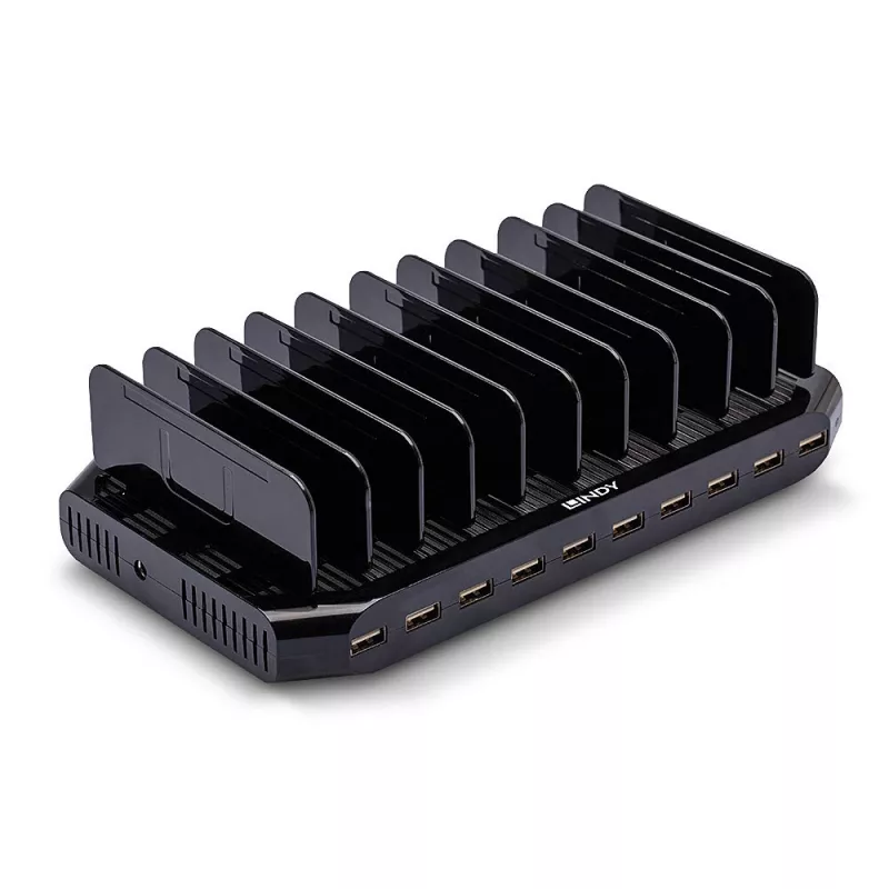 Lindy Estación de carga USB de 96W y 10 puertos, independiente, plástico, negro, contacto, compatible con todos los dispositivos USB Tipo A, fuente de alimentación