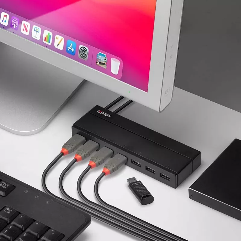 Lindy Hub USB 3.0 de 7 puertos, USB 3.2 Gen 1 (3.1 Gen 1) Tipo A, USB 3.2 Gen 1 (3.1 Gen 1) Tipo A, USB 3.2 Gen 1 (3.1 Gen 1), 5000 Mbit/s, negro, plástico