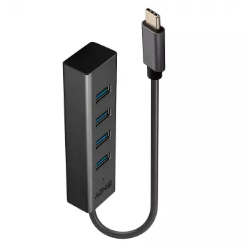 Lindy Hub USB 3.2 Type-C de 4 puertos, USB 3.2 Gen 1 (3.1 Gen 1) Type-C, USB 3.2 Gen 1 (3.1 Gen 1) Type-A, 5000 Mbit/s, gris, aluminio, plástico, 0,3 m