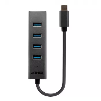 Lindy Hub USB 3.2 Type-C de 4 puertos, USB 3.2 Gen 1 (3.1 Gen 1) Type-C, USB 3.2 Gen 1 (3.1 Gen 1) Type-A, 5000 Mbit/s, gris, aluminio, plástico, 0,3 m