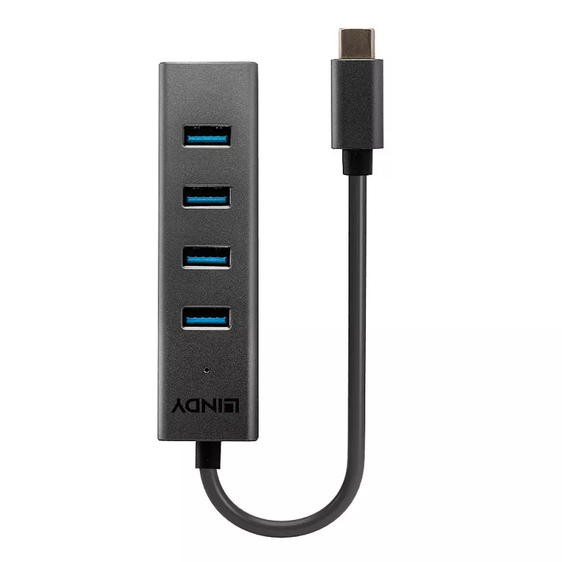 Lindy 43325 hub USB 3.2 Gen 1 Type-C de 4 puertos, 4x USB-A, 5 Gbps, gris, aluminio/plástico