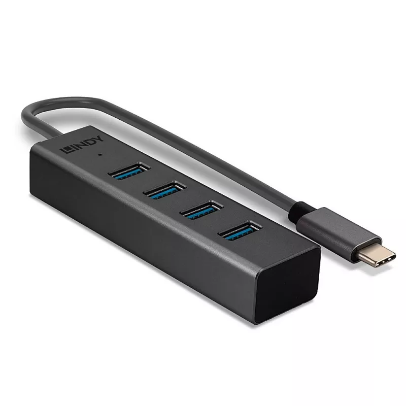 Lindy 43325 hub USB 3.2 Gen 1 Type-C de 4 puertos, 4x USB-A, 5 Gbps, gris, aluminio/plástico