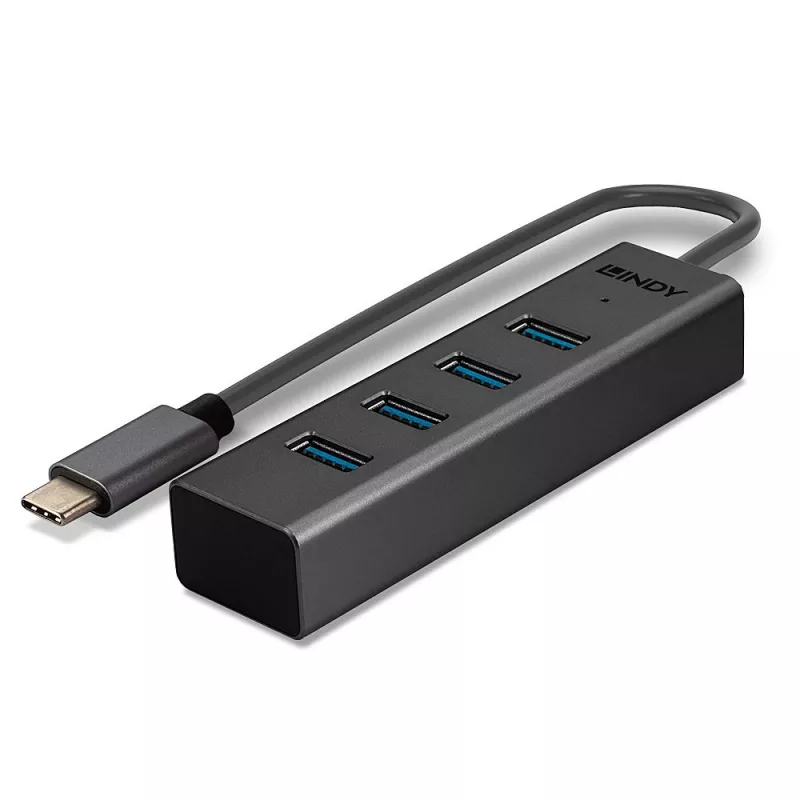 Lindy 43325 hub USB 3.2 Gen 1 Type-C de 4 puertos, 4x USB-A, 5 Gbps, gris, aluminio/plástico