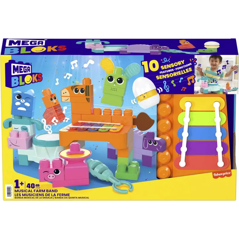 MEGA BLOKS Fisher Price Granja Musical de construcción sensorial (45 piezas) para niños pequeños