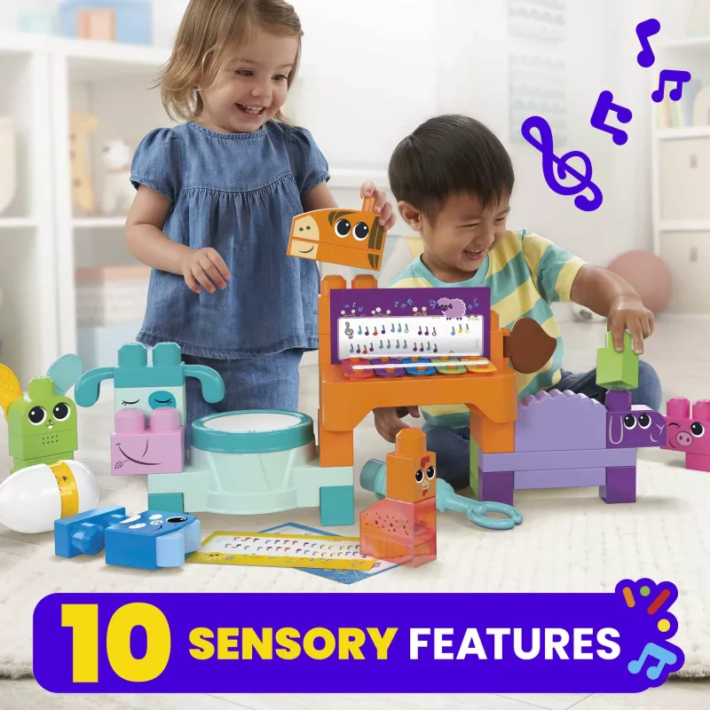 MEGA BLOKS Fisher Price Granja Musical de construcción sensorial (45 piezas) para niños pequeños