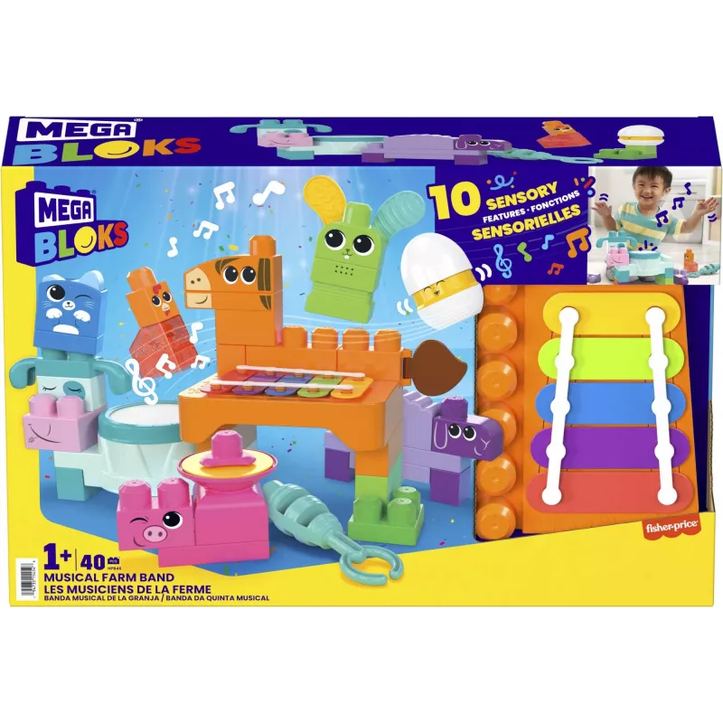 MEGA BLOKS Fisher Price Granja Musical de construcción sensorial (45 piezas) para niños pequeños