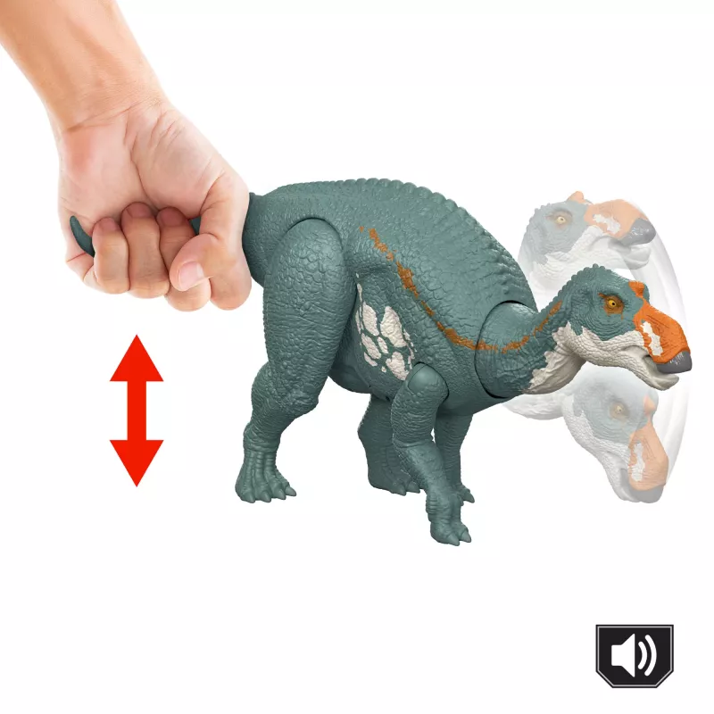 Jurassic World Rebirth Wild Roar Maiasaura juguete de dinosaurio, mordida de ataque y sonido controlados por la cola