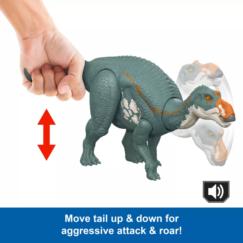 Jurassic World Rebirth Wild Roar Maiasaura juguete de dinosaurio, mordida de ataque y sonido controlados por la cola